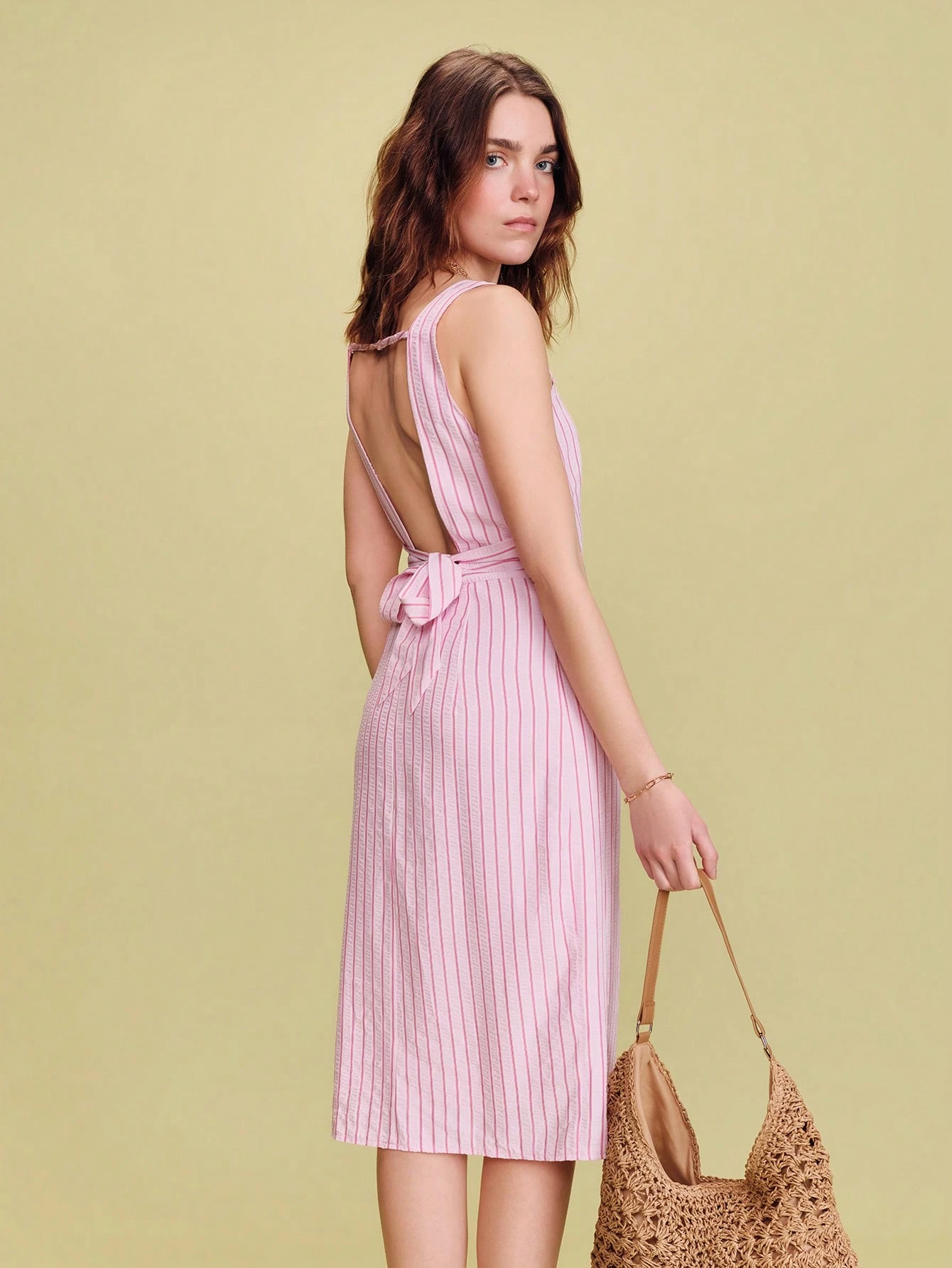 Pink Stripe Square Neck Fitted Midi Dress With Open Back Spring Summer Vacation Dress Going Out Birthday Dress Picnic Dress French Style Dress Parisian Style Backless Dress For Women Backless Summer Dress Summer Outfit For Women Dress Women S Summer Outfits