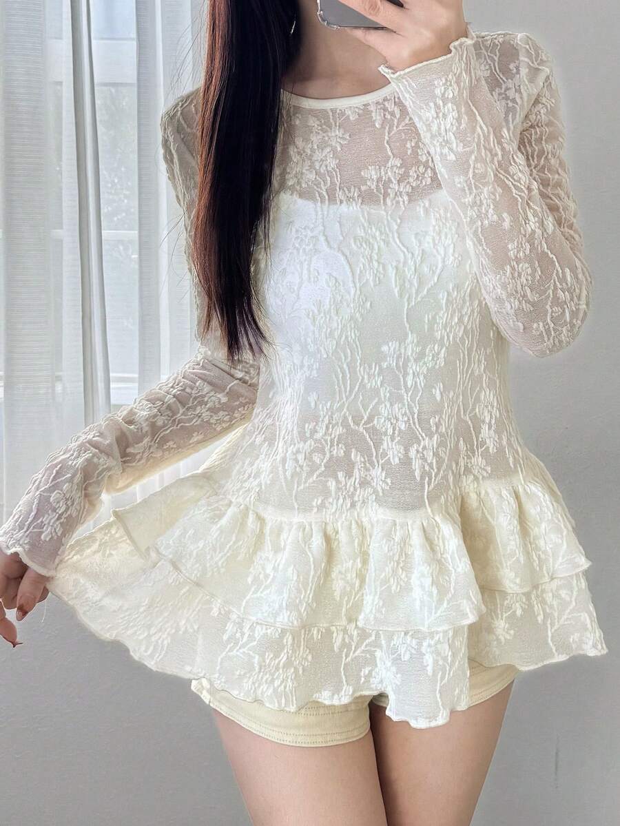 FRIFUL Atasan Wanita Musim Panas Motif Bunga Jala Leher Bulat Lengan Panjang dengan Hiasan Ruffle Ganda di Bagian Bawah - Krem - View 1