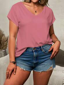 EMERY ROSE Plus Size Women's Summer Solid V-Neck Short Sleeve Casual T-Shirt V Neck Top Basic Top V Cut Top Solid Color Tops - Multicolor - View 7