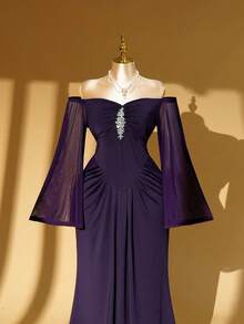 Rometta Plus Size Women's New Greek Goddess Elegant Party Rhinestone Decor Off Shoulder Flare Sleeve Evening Gown, Dreamy Purple Waist-Cinching Bodycon Floor-Length Formal Dress - Purple - View 4