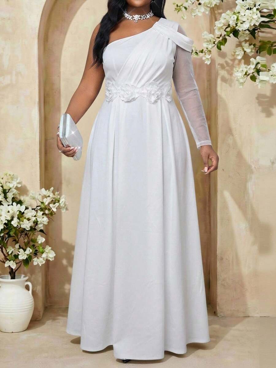 Fleurora 大码优雅派对金银丝线装饰3D立体花卉连衣裙，粉色婚礼宾客礼服，女士正式礼服，女士音乐会服装，女士派对礼服，婚礼宾客礼服，曲线身材婚礼宾客礼服，曲线身材粉色连衣裙，优雅高贵 - 白色 - 查看 1