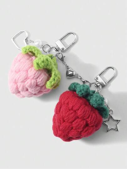ROMWE 2英寸甜美休闲精致百搭时尚田园学院风粉/红色手工钩织草莓镂空星星爱心磁吸钥匙扣配饰包包挂件，组合套装，情侣套装，适合姐妹、女友、情侣日常佩戴、节日礼物