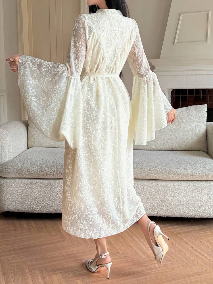 Women's Elegant Lace Stand Collar Flare Sleeve Belted Mid-Length Dress, Spring & Summer