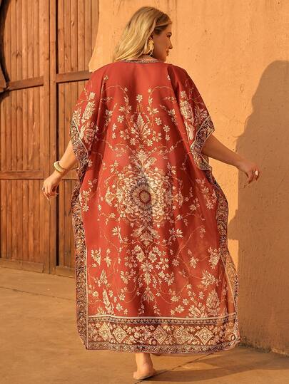 Swim Mulvari Saída de praia feminina plus size vintage floral com decote em V e mangas curtas