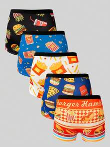 5pcs/Pack Teenage Boys' Hamburger & Fries Allover Print Boxer Briefs With Elastic Waistband,Casual Sports Underwear For College & High School Students - Multicolor - View 2