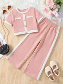 LMoss Kids Baby Girl Contrast Trim Round Neck Short Sleeve T-Shirt And Pants Set, Fashionable Casual - Pink - View 3