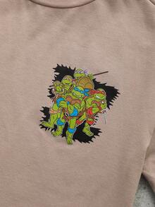 TEENAGE MUTANT NINJA TURTLES | SHEIN Áo thun ngắn tay in chữ hoạt hình phong cách thường ngày cho bé trai tuổi teen, thích hợp mặc mùa hè. - Màu Khaki - Xem 4