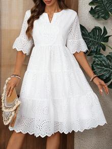 EMERY ROSE 女士度假休闲纯色镂空刺绣迷你连衣裙 - 白色 - 查看 9