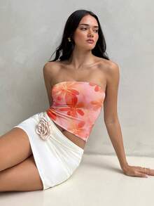 Aloruh 女士紧身性感橙色芙蓉印花无肩带抹胸上衣 - 夏季海滩度假装扮，适合春假、热带岛屿婚礼、周年纪念、伴娘派对、约会之夜、婚礼宾客、新娘送礼会、波西米亚音乐节及时尚夏季服饰 - 彩色 - 查看 3