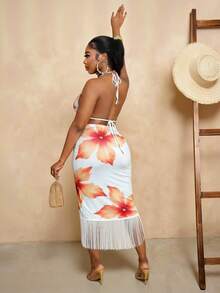 BamGleam Vestido casual de longitud media con diseño de flecos, estampado floral y espalda descubierta con atar en el cuello para mujer, ideal para vacaciones y citas - Multicolor - Ver 2