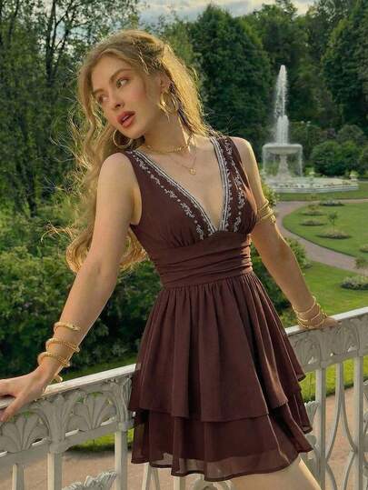 SHEIN MOD Women's Floral Embroidery Patchwork Deep V-Neck Ruched Waist Sleeveless Mini Dress, Spring/Summer Outfit, Women's Carnival Costume, Holiday Outfits, Boho, Western Style Dress, Cowboy Style, Music Festival Outfits, Nomadic Style, Country Style, Casual Dress, Brown Dress, Embroidered Dress, Romantic Style, Garden Party Dress, Date, Retro, 70s Style