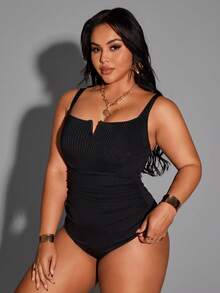 Shapewave Plus Size Solid Color Wide Ribbed Fabric Spaghetti Strap Criss-Cross Back Casual One-Piece Swimsuit - Black - View 6