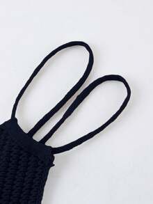 Chiquease 女士性感度假风极简纯色不对称下摆露背系带针织上衣，夏季 - 藏蓝色 - 查看 3