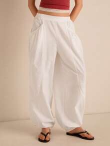 Easelle 休闲复古低腰宽松褶皱舒适休闲女裤 - 白色 - 查看 5