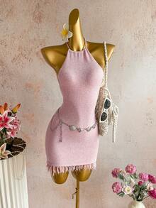 Elamini Y2K Damen Frühling/Sommer Insel Strand Mode Pailletten Quasten Dekor Neckholder Rückenfreies Bodycon Strickkleid - Pink - Übersicht 1