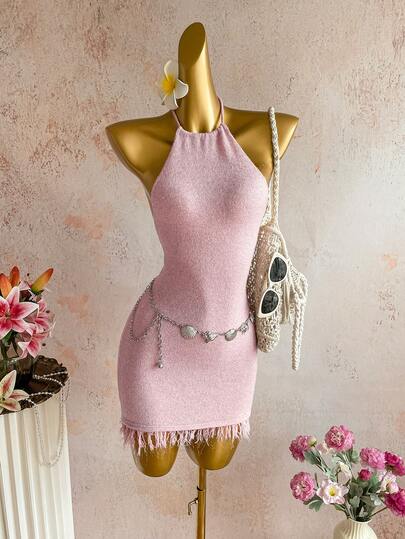 Elamini Y2K 女士春夏岛屿海滩时尚亮片流苏装饰露背吊带紧身针织连衣裙