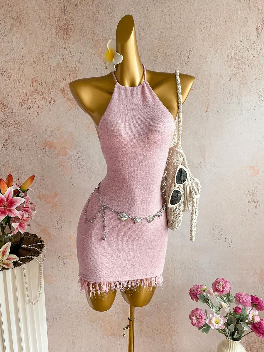 Elamini Y2K Damen Frühling/Sommer Insel Strand Mode Pailletten Quasten Dekor Neckholder Rückenfreies Bodycon Strickkleid - Pink - Übersicht 1