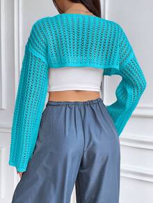 SHEIN Unity Sweater Crop Wanita Seksi Longgar Warna Polos Model Bahu Jatuh Lengan Panjang dengan Lubang di Bagian Bawah - Biru - View 2