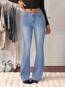 SHEIN Tall 休闲百搭珍珠装饰低腰喇叭牛仔裤 - 淺色水洗藍 - 查看 5