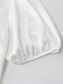 Lyxana Blouse ample en satin blanc perlé à encolure en V et manches à volants, avec ceinture, style élégant français pour femmes en été - Blanc - Voir 7