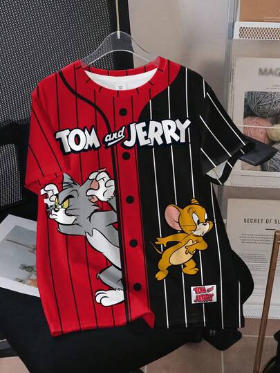 TOM & JERRY X SHEIN 青少年男童条纹卡通图案撞色圆领短袖T恤