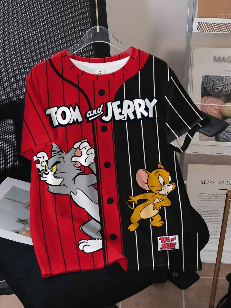 TOM & JERRY X SHEIN 青少年男童条纹卡通图案撞色圆领短袖T恤 - 白色 - 查看 1
