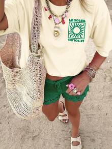 SHEIN LUNE 女士T恤，休闲街头风印花短袖T恤，可爱夏季上衣，女士度假套装，女士夏季服装，女士沙滩装，女士春季服装，女士度假套装，女士春季服装，女士夏季服装，女士两件套，休闲马贝拉穿搭灵感 - 杏色 - 查看 4