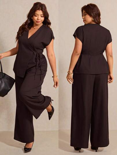 Elaquor Plus Size Casual Commuter Solid Color Tie Wrap Top And Pants Suit Set Plus Size Wrap Top Plus Size Long Pants Plus Size Black Outfit Curvy Women's Pants Plus Size Two Pieces Formal Set For Women Spring /Summer Suit Set For Women
