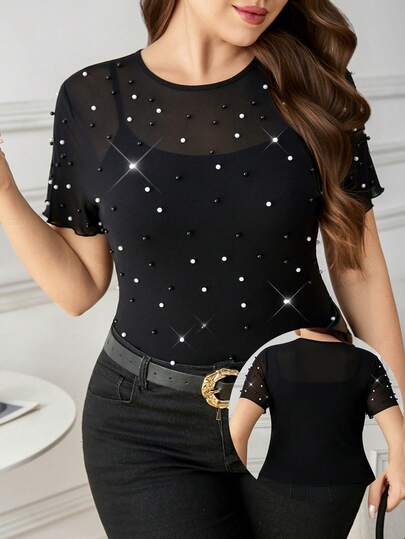 SHEIN Clasi Blusa elegante de malla negra con cuentas para mujer de talla grande, blusa negra, camisa de manga corta, blusa de verano para dama, elegante para verano, primavera, verano, vacaciones de verano, mujer de primavera, fiesta, boda, eventos, carnaval, disfraz de carnaval, moda de carnaval, blusa brillante