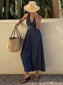 Livesso Women's Vacation Deep V Twist Design Halter Denim Dress - Dark Wash - View 2