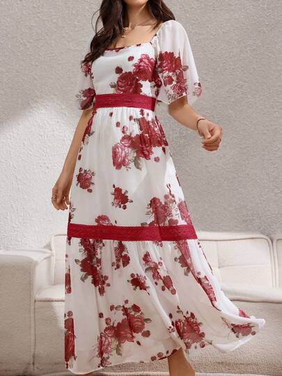 Rafferiza 女士夏季浪漫甜美优雅度假飘逸雪纺印花荷叶边袖镂空蕾丝拼接修身长款休闲连衣裙