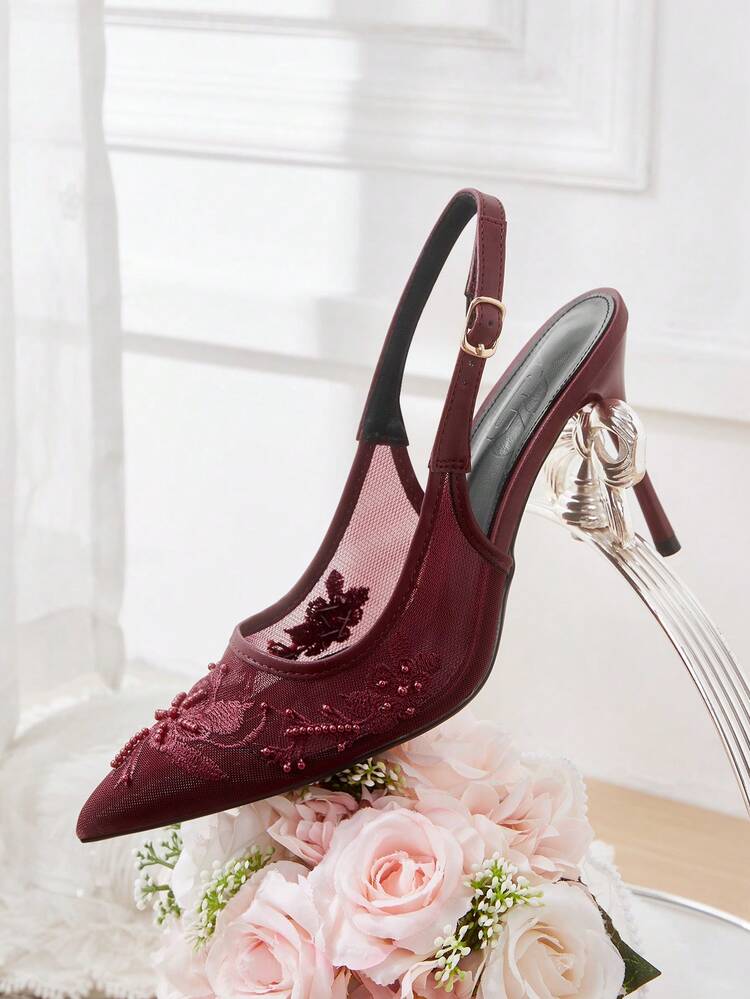 CUCCOO HITCHD Women Shoes Spring Summer Lace Pearl Decorative Pointed Toe Slingback Stiletto 9cm Mesh Women's High Heel Shoes Solid Color Sexy Dating Wedding Party
