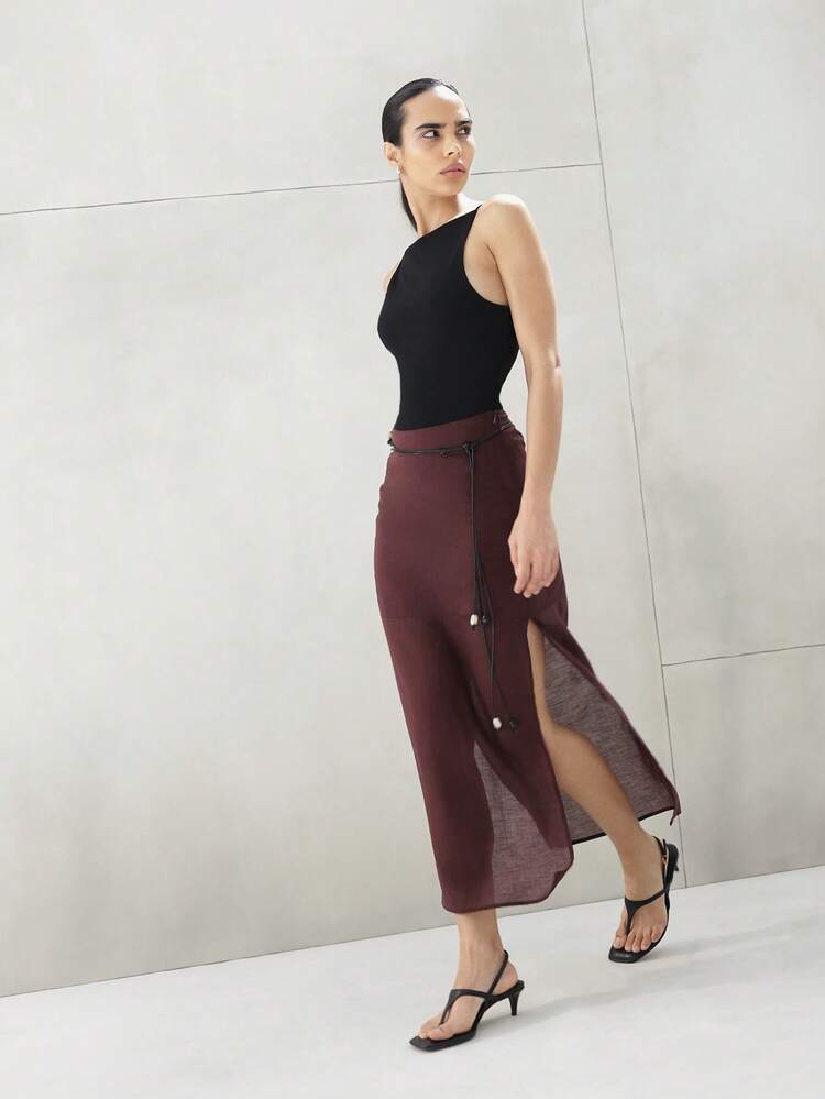 KSTM Elegant Burgundy Layered Sheer Wrap Skirt With Button Details For Fall Autumn Midi Length A-Line Semi Transparent Chiffon Fashion