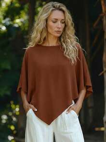 Linavere Women's Casual Commuting Loose Batwing Sleeve Asymmetrical Hem Solid Color Blouse, Summer - Coffee Brown - View 6