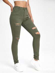 SHEIN ICON Black Slant Pocket Ripped Skinny Jeans Ripped Jeans For Women High Waist - Army Green - View 6