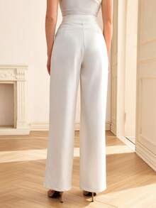 CLARA VERO Pantalones acampanados de cintura alta con pliegues, ajuste regular, perfectos para la oficina, salidas urbanas o eventos casuales elegantes, hechos de tela tejida ligera 100% poliéster sin elástico - Blanco - Ver 2