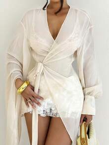 Sirith 女士纯色裹身系带露肩长袖衬衫 - 杏色 - 查看 6