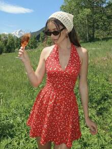 MainGRL Đầm hoa nhí màu đỏ lãng mạn, thích hợp cho các buổi hẹn hò, kỳ nghỉ và lễ hội âm nhạc. - Đỏ - Xem 4