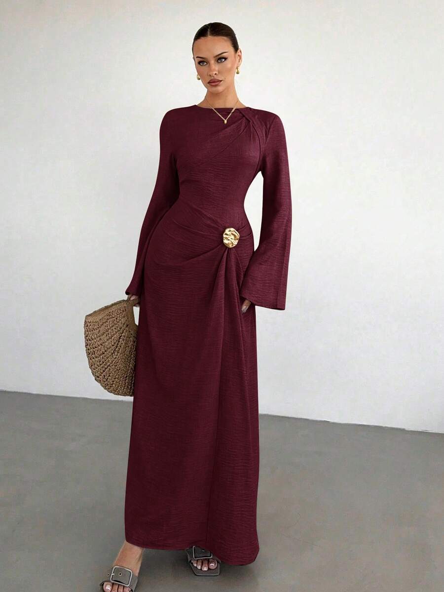 Siren Gaze 女士纯色扭结前襟金属扣装饰喇叭袖连衣裙，女士婚礼宾客礼服，女士正式礼服 - 酒紅色 - 查看 1