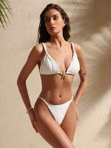 Swim Vcay Conjunto de bikini de baño sexy con decoración de estrella de mar de metal de unicolor para mujer - Blanco - Ver 3
