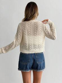 SHEIN Cardigan kimono leggero e traforato da donna con scollo a V e bottoni davanti, lunghezza corta, capo estivo traspirante da sovrapporre per uno stile casual alla moda europeo - Bianco - Visualizzare 2