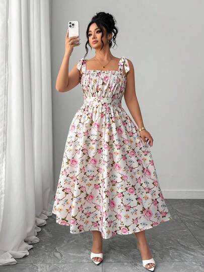 Elenzga Vestido de flores de albaricoque con estampado floral, elegante y minimalista para mujer de talla grande, para uso diario, citas y fiestas de fiesta