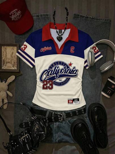 Attitoon 休闲运动风复古数字字母印花撞色Polo领女式短袖T恤，春夏百搭