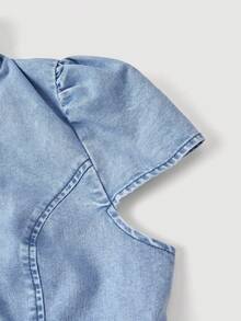 Sweetra 女士褶裥开襟休闲牛仔外套 - 藍色 - 查看 3