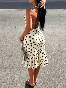 Slaydiva New Summer Style, Perfect For Birthday Parties, Back-To-School, Preppy, Student Wear, Everyday Outings, Basic And Versatile, Casual, Vacation, Cruise Travel, Beach, Seaside, Sunbathing, Online Style, Streetwear, Millennial Y2K Sexy Girl, Halter Neck Sleeveless Backless Ruffle Midi Knee-Length Black And White Polka Dot Dress Polka Dot Dress Women Summer Elegant Dress - Black and White - View 2