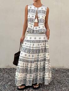 Livesso Bộ đồ mùa xuân hè gồm áo cardigan không tay buộc dây họa tiết kẻ sọc, hoa văn, hình học và chân váy chữ A xòe rộng, thanh lịch cho công sở, kỳ nghỉ, bãi biển, đám cưới, ngày Valentine, phong cách boho ngắn dành cho nữ. - Đen và trắng - Xem 5