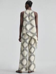 Ontre 2026新款春夏女装梭织面料套装，几何印花无袖上衣搭配阔腿裤，适合办公室、假日以及情人节、婚礼等场合穿着。 - 黑與白 - 查看 2