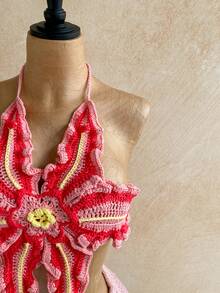 Soleia Women's Pink Floral Summer Boho Crochet Halter Neck Vest,Vacation Holiday Beach Cruise Music Festival Outfit,Retro Casual Crochet Top Party Luau - Pink - View 3