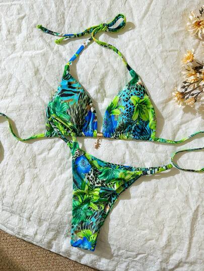 Elavelle Spring Break Women's Random Print Halter Metal Decor Sexy Bikini Swimsuit Set, Summer Beachwear Outfits