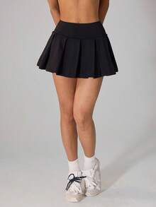 SHEIN PETITE 纯色学院风休闲针织百褶超短裙 - 黑色 - 查看 1